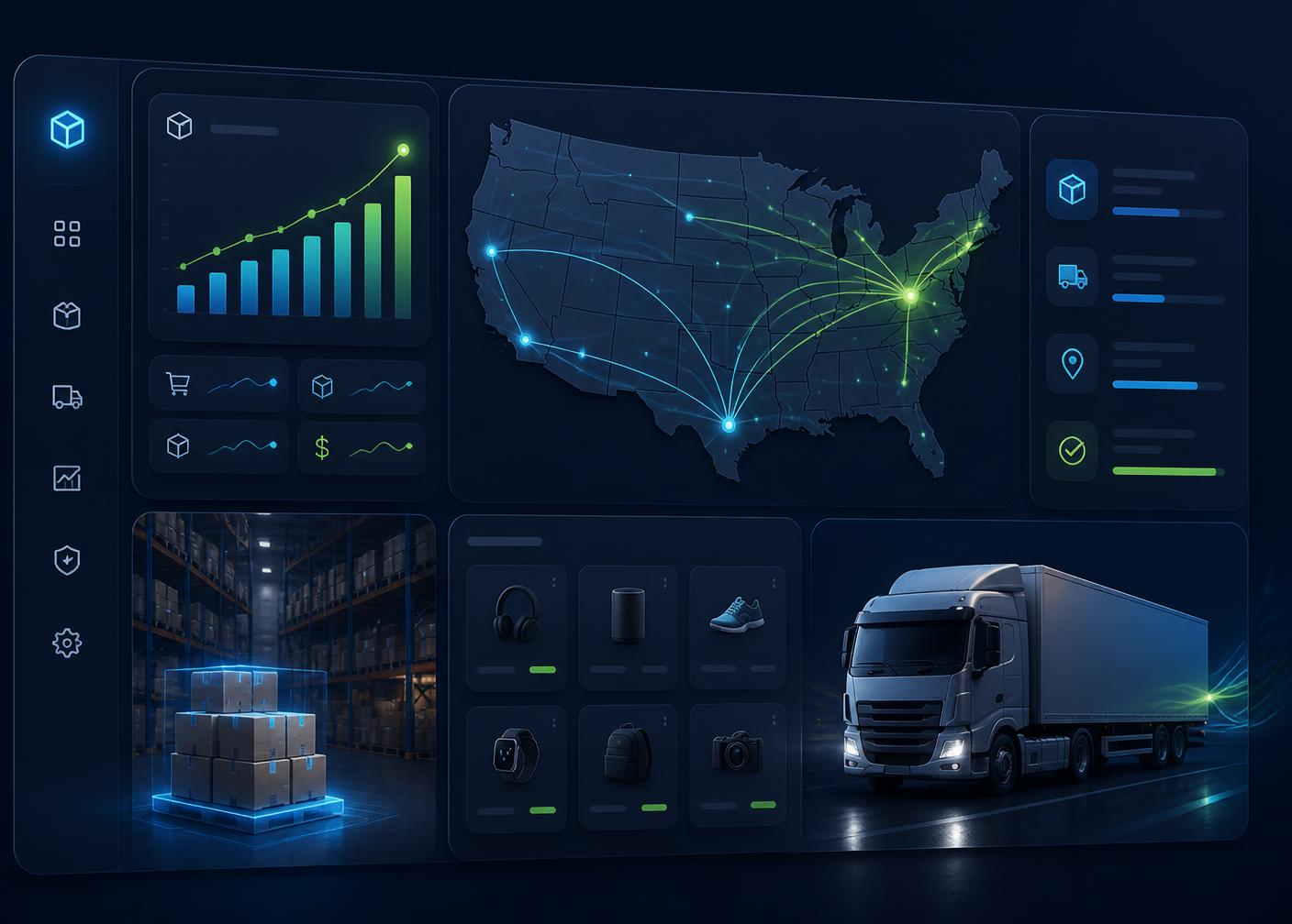 Palash Shop warehouse dashboard showing US shipping routes, live order analytics, and same-day fulfillment